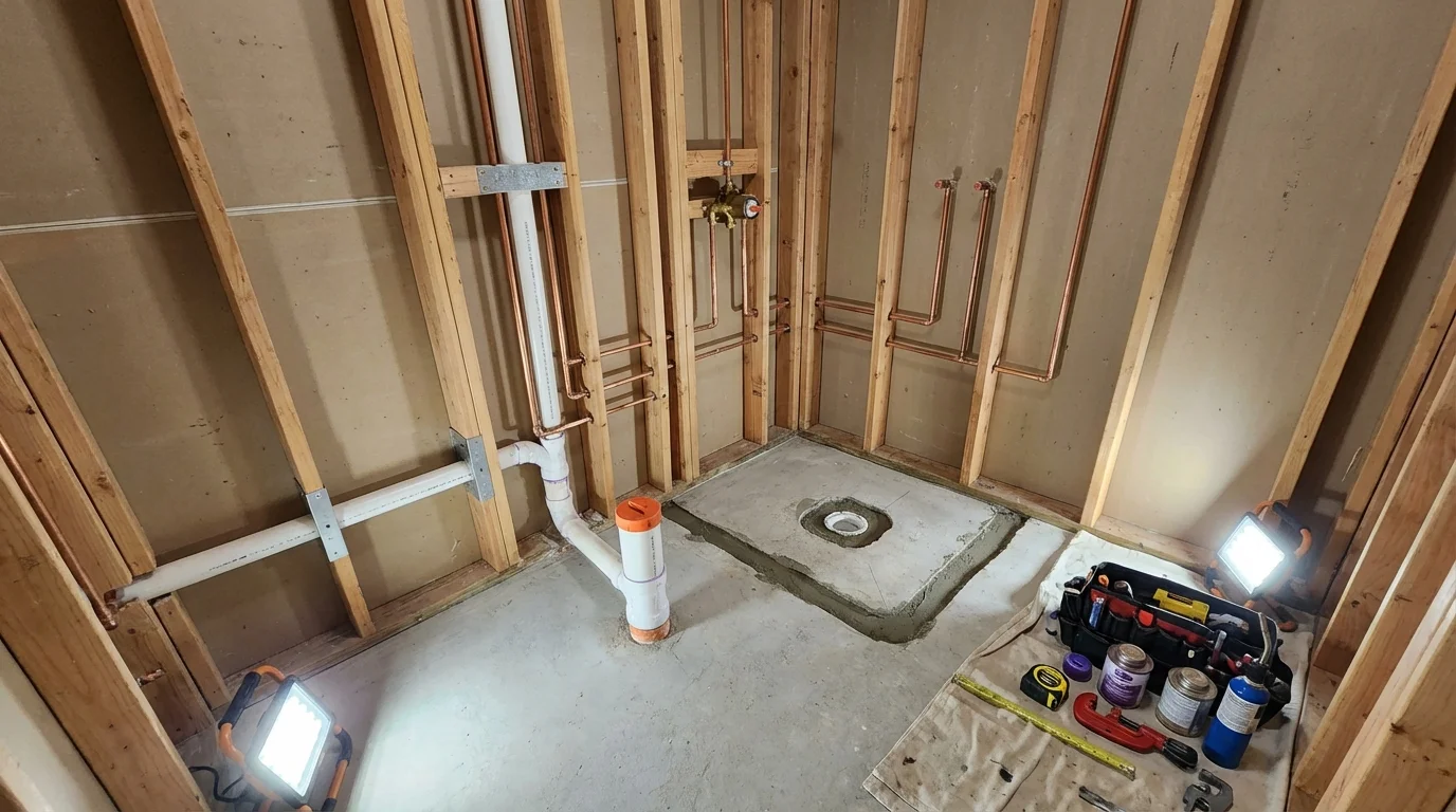 Bathroom rough-in plumbing during remodel by Johns Plumbing LLC in Lemmon