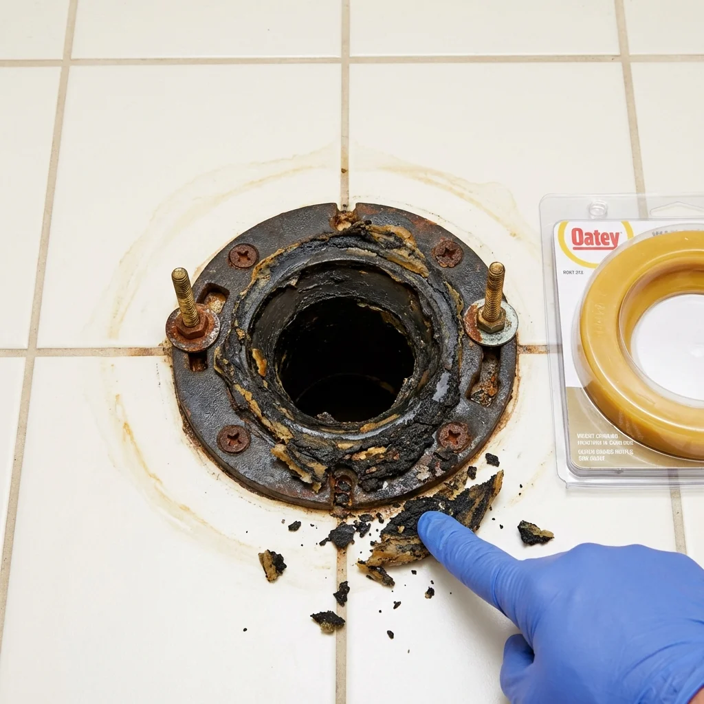 Failed wax ring showing water seepage at the base of a toilet in a Lemmon, SD home