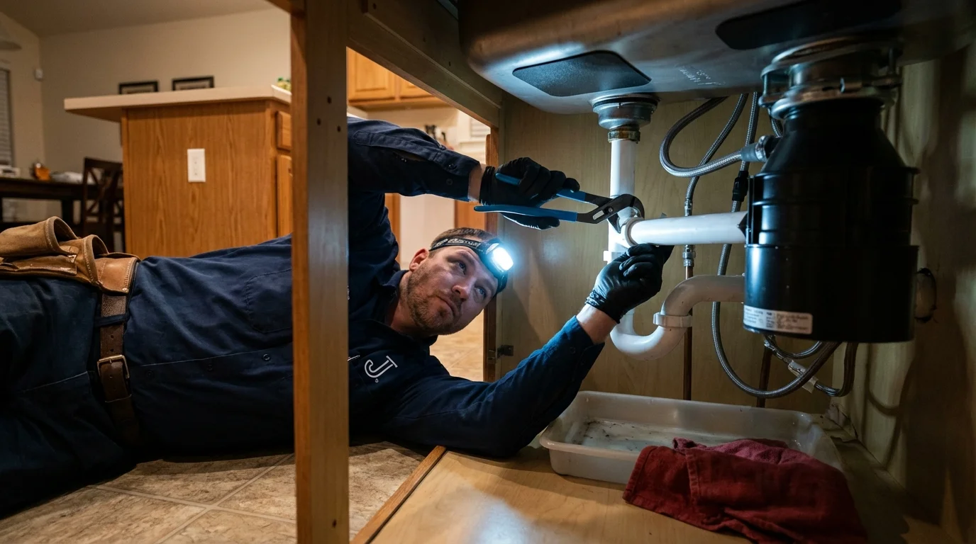 P-trap and supply line connections under a kitchen sink showing a common leak point in Lemmon, SD